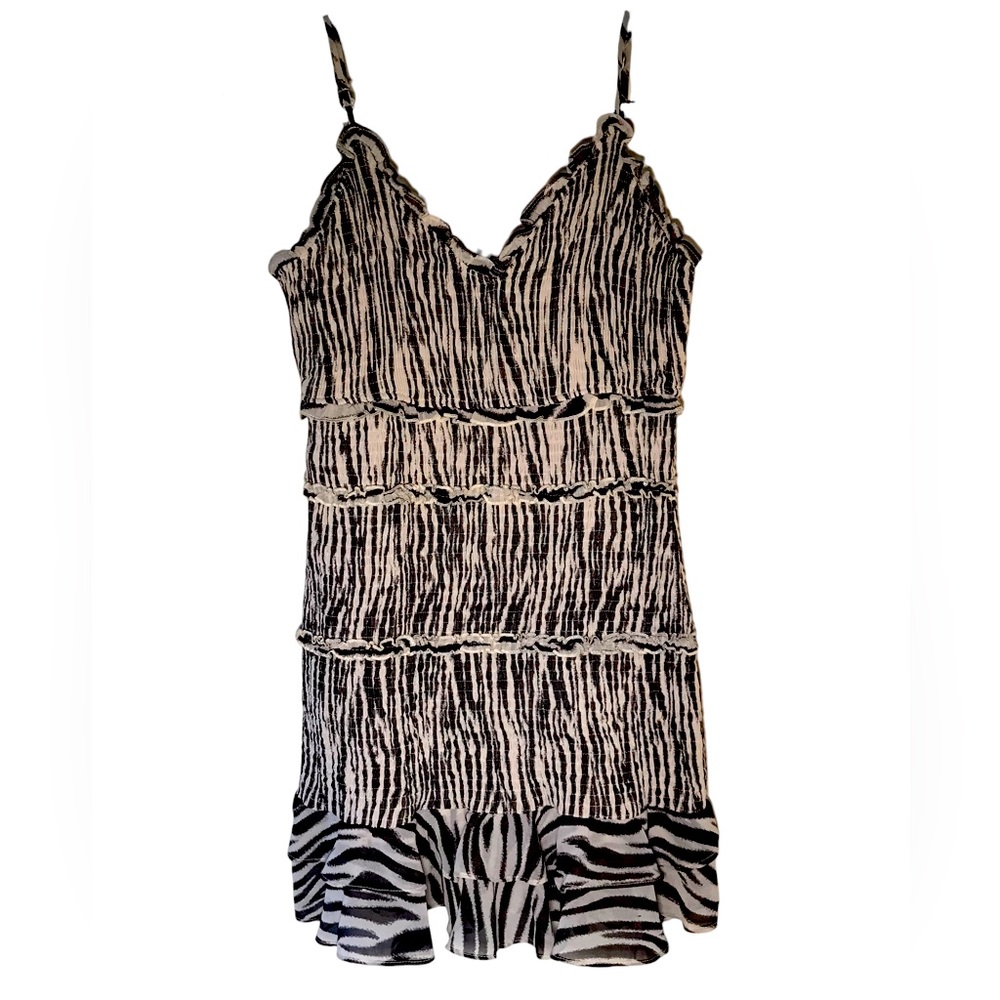 Black And White Zebra Print Tiered Ruffled Hem V Neck Spaghetti Strap Mini Dress